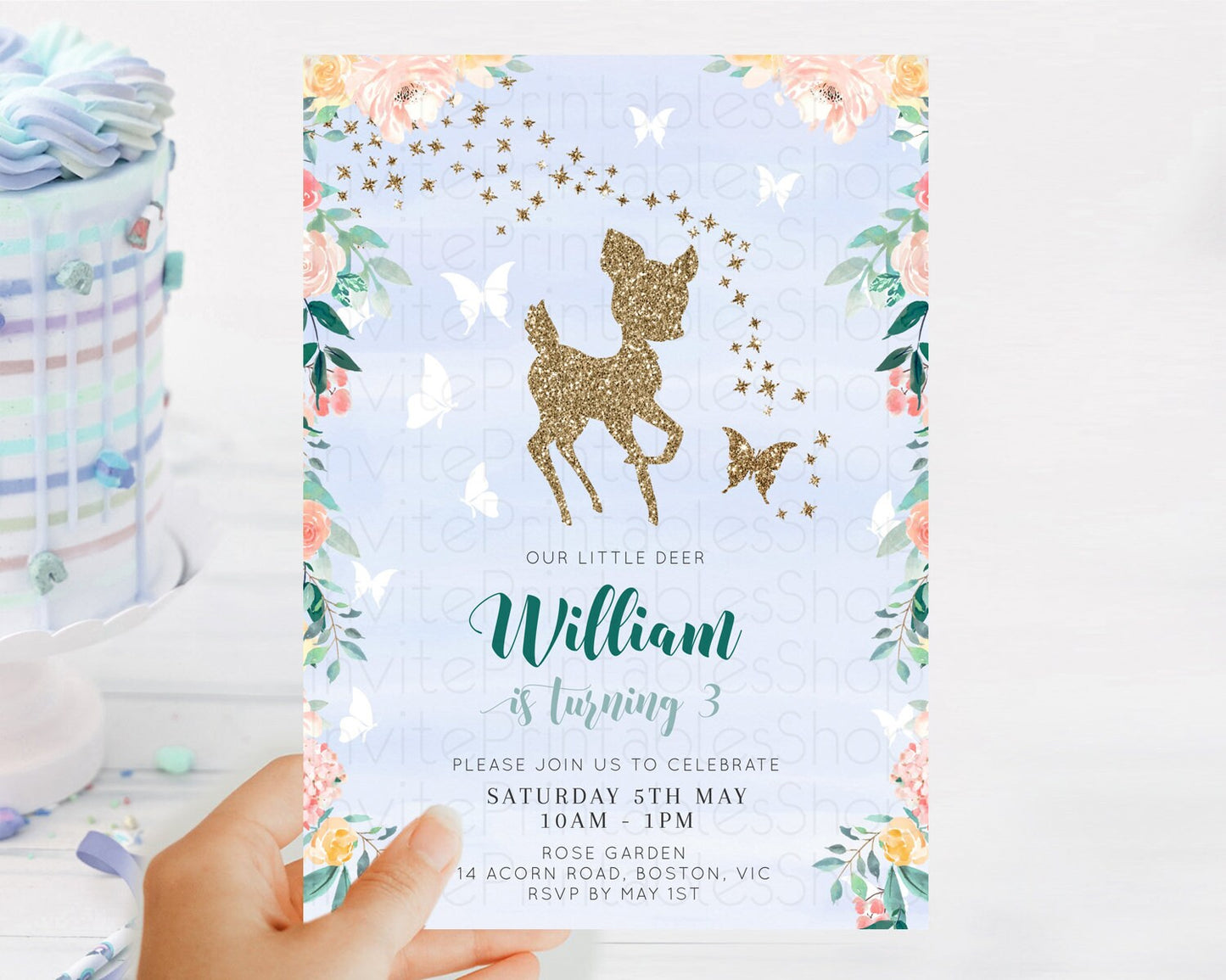 Fawn Birthday Invitation Deer Birthday Invitation Enchanted Forest Party Butterfly Pastel Flowers Whimsical 2nd 1st First Birthday D10875