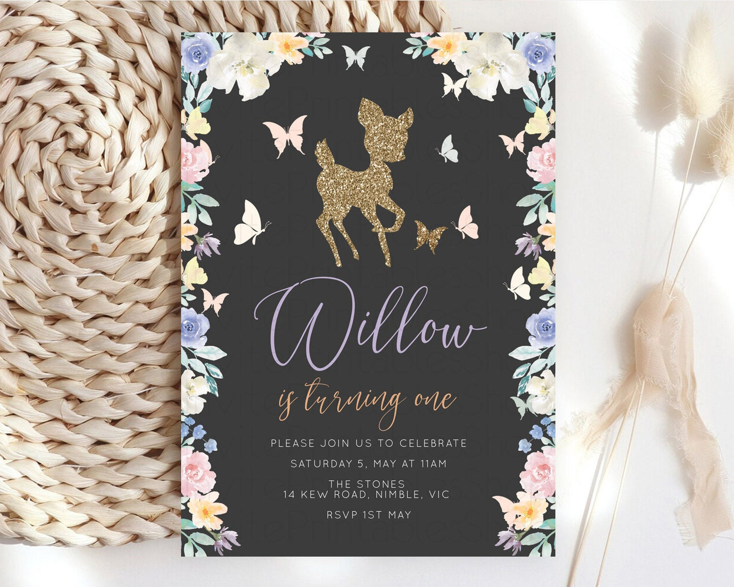 Fawn Birthday Invitation Deer Birthday Invitation Enchanted Forest Party Butterfly Pastel Flowers Whimsical 2nd 1st First Birthday D10323