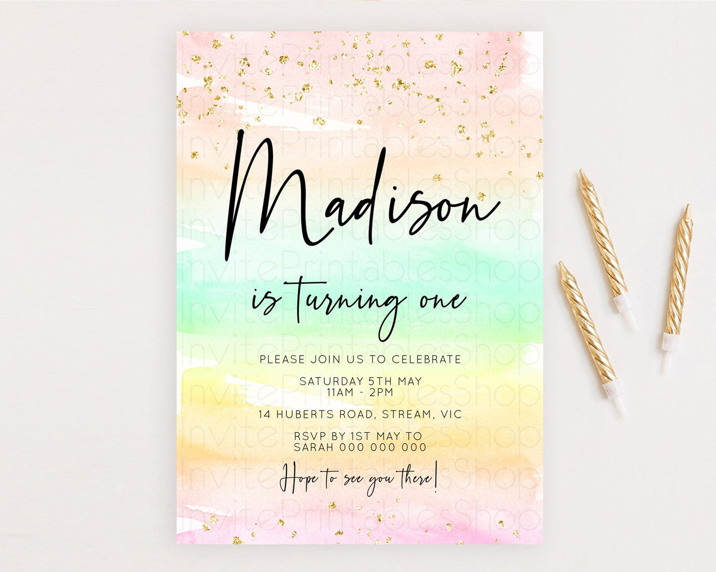 Rainbow Birthday Invitation Colorful Pastel Watercolor Invitation Gold Glitter Sprinkles Ombre Pastel 1st 2nd 3rd Birthday D10591