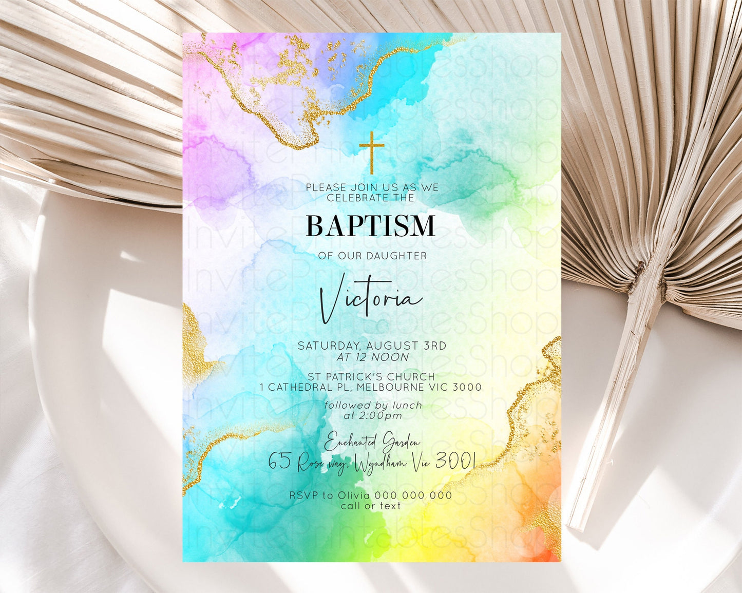 Pastel Baptism Invitation Pastel Colors Watercolor Baptism 1st Birthday Party Gold Ombre Pastel Rainbow Christening Holy Communion D10393