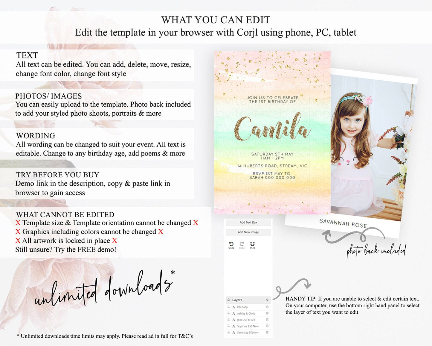 Rainbow Birthday Invitation Colorful Pastel Watercolor Invitation Gold Glitter Sprinkles Ombre Pastel 1st 2nd 3rd Birthday D10592