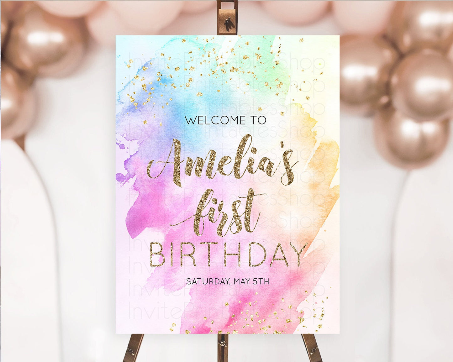 Pastel Welcome Sign Pastel Rainbow Welcome Sign Colorful Rainbow Confetti Watercolor Glitter Pastel First Birthday Welcome Sign D10450