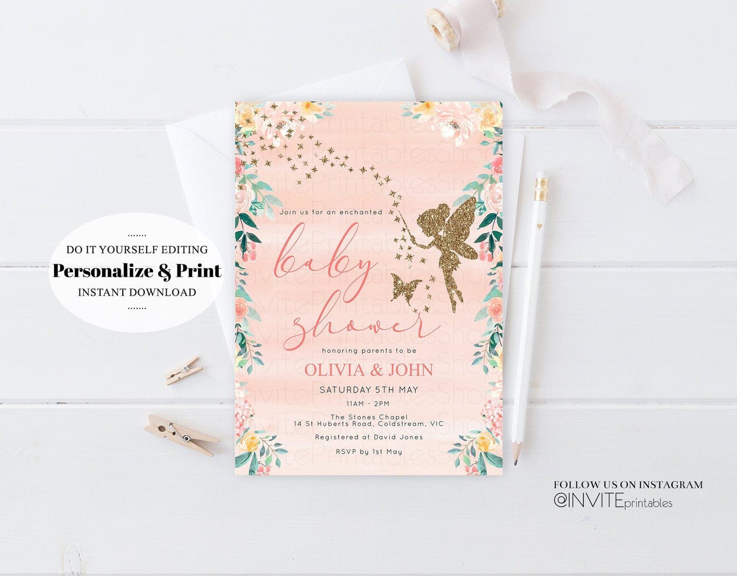 Fairy Baby Shower Invitation Enchanted Baby Tinkerbell Glitter Pixie Twinkle Stars Fairytale Pastel Watercolor Flowers Editable Template