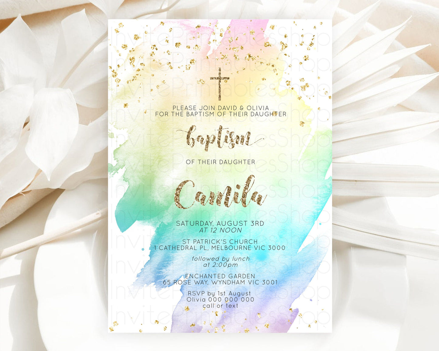 Pastel Baptism Invitation Pastel Colors Watercolor Baptism 1st Birthday Party Gold Ombre Pastel Rainbow Christening Holy Communion D10259