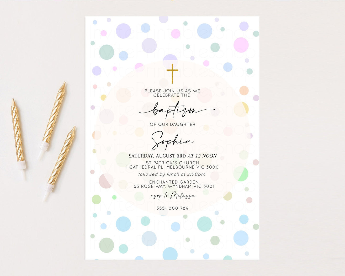 Pastel Baptism Invitation Pastel Christening Invitation Rainbow Confetti Invite Pastel Bubbles Invite Balloons Multi Colors Gold Cross 12