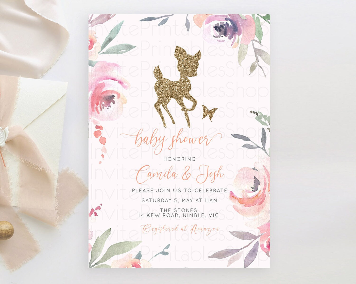 Fawn Baby Shower Invitation Deer Baby Shower Invites Enchanted Forest Theme Butterfly Pastel Flowers Whimsical Baby Shower D10196