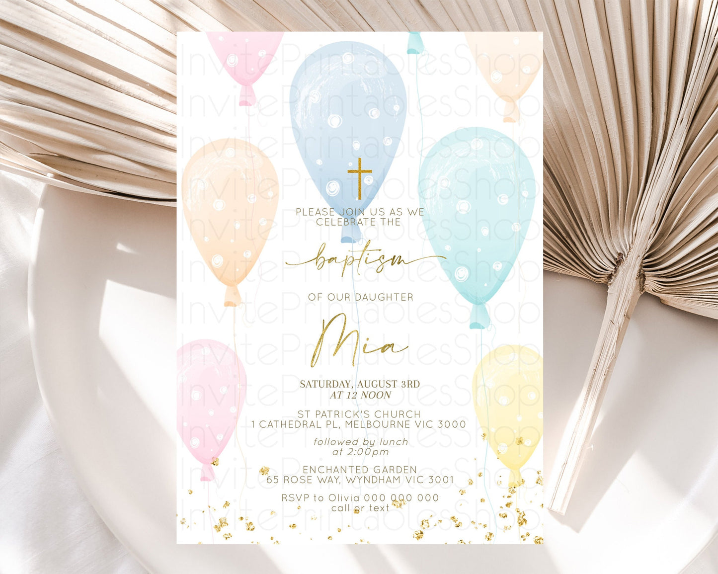 Balloon Baptism Invitation Pastel Baptism 1st Birthday Invitation Pastel Balloon Christening Invite Colorful Rainbow Balloon Invites D10182