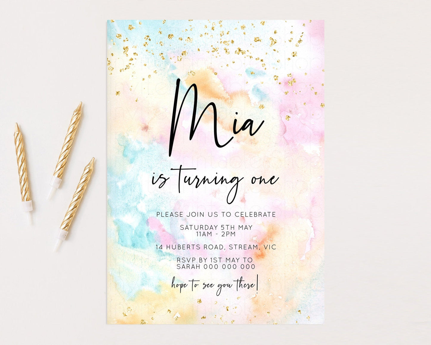 Rainbow Birthday Invitation Glitter Pastel Invitation Colorful Watercolor Gold Foil Splatter Sprinkles Ombre 1st 2nd 3rd Party Invite TC566