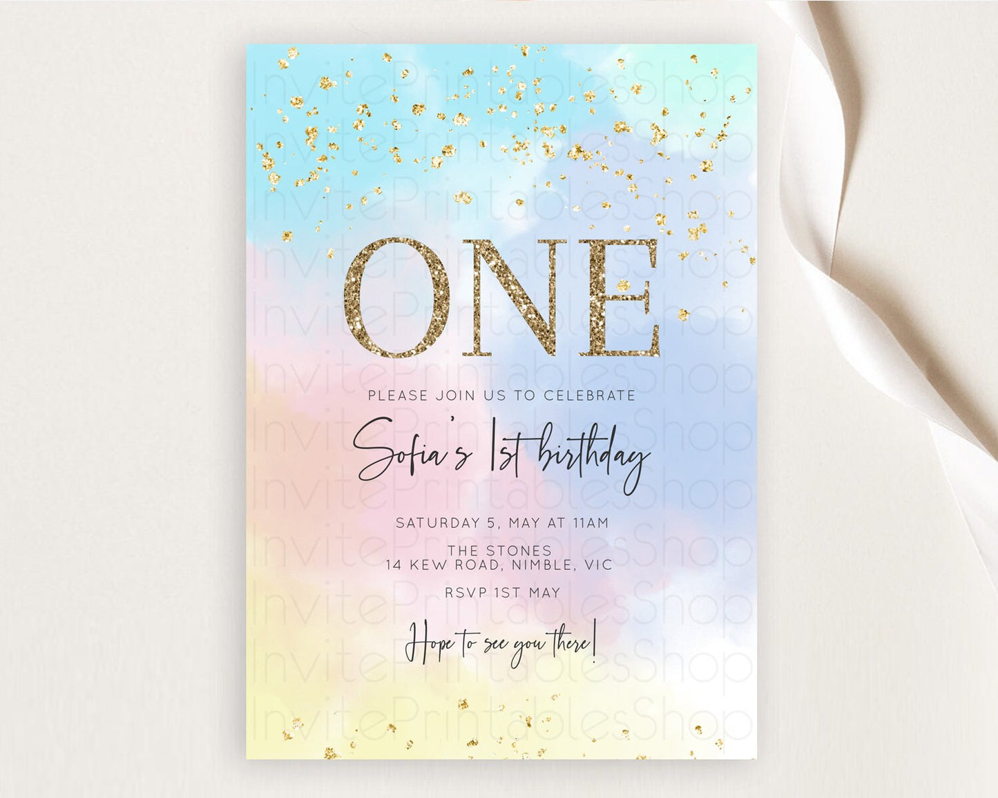 Rainbow Birthday Invitation Colorful Pastel Watercolor Invitation Gold Glitter Sprinkles Ombre Pastel 1st 2nd 3rd Birthday D10368