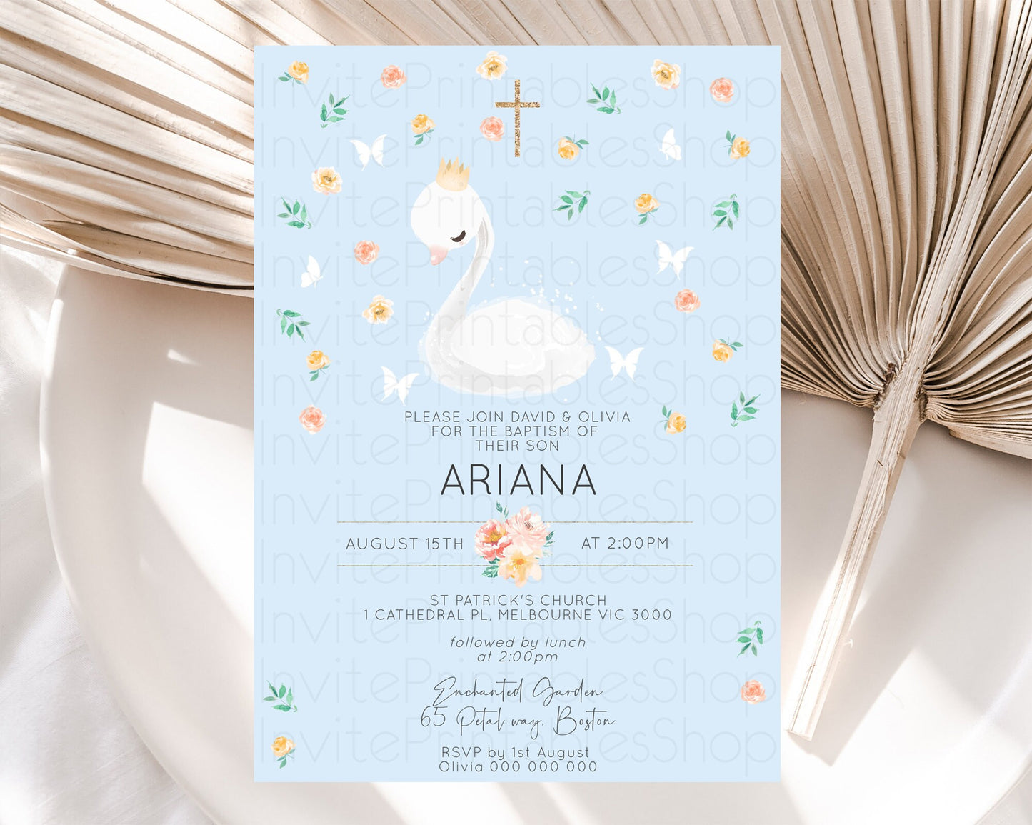 Swan Lake Baptism Invitation Swan Princess Ballet Baptism 1st Birthday Enchanted Forest Secret Garden Watercolour Pastel Floral D10903