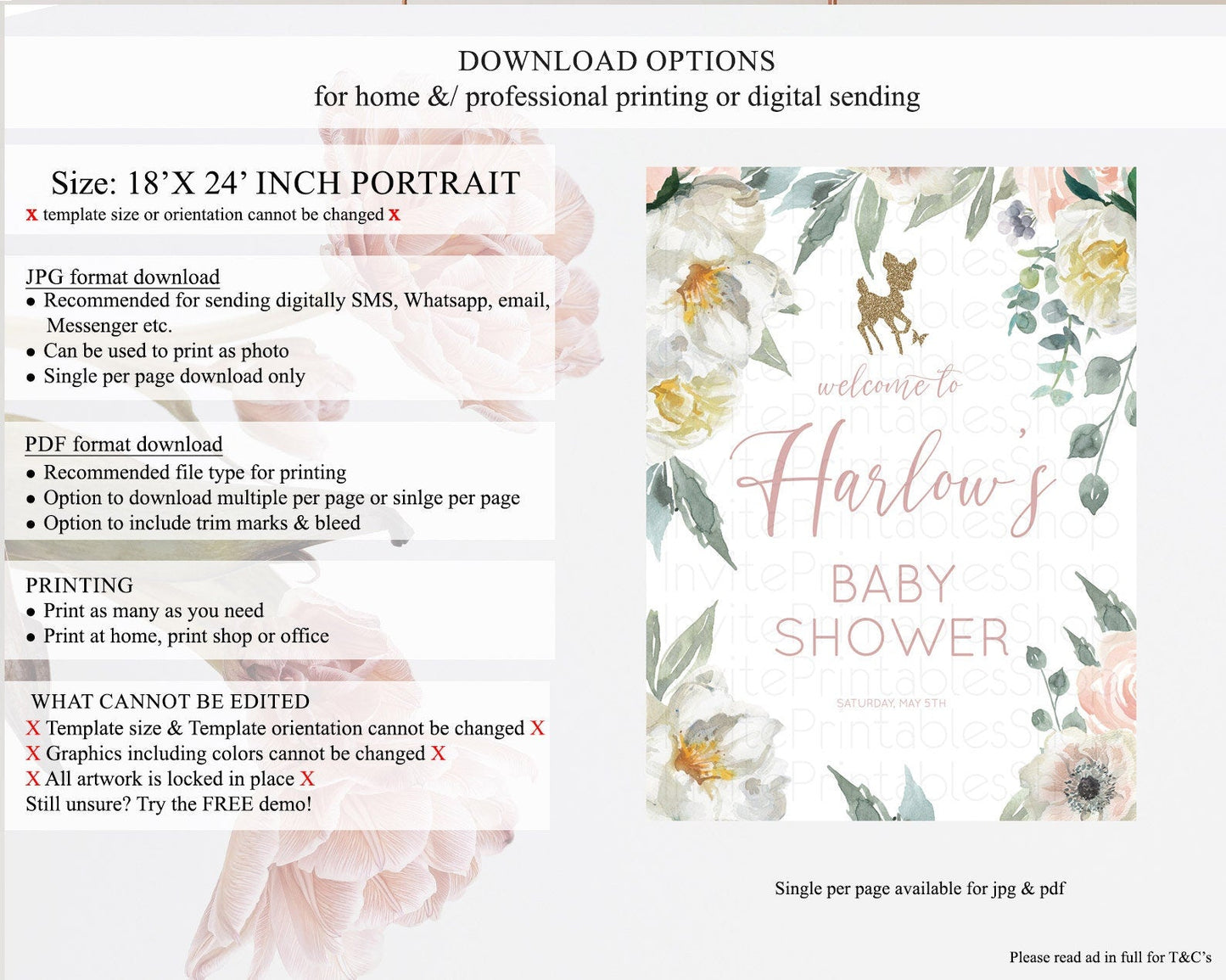 Fawn Baby Shower Welcome Sign Deer Welcome Board Floral Deer Welcome Poster Enchanted Forest Butterfly Pastel Floral Welcome Sign D10120