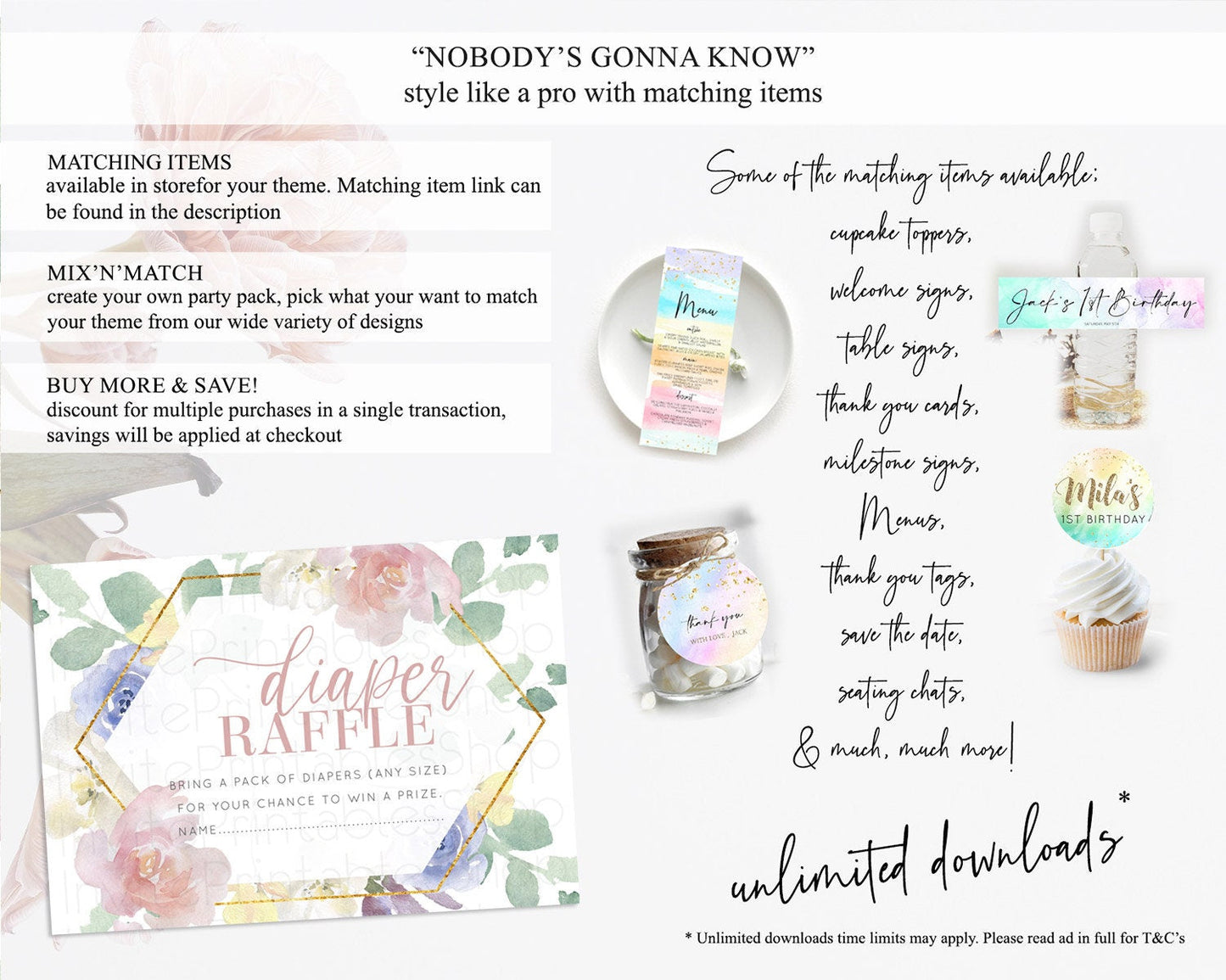 Secret Garden Diaper Raffle Card Boho Wildflower Diaper Raffle Insert Pastel Flower Garden Baby Shower Card Flower Raffle Game D10254