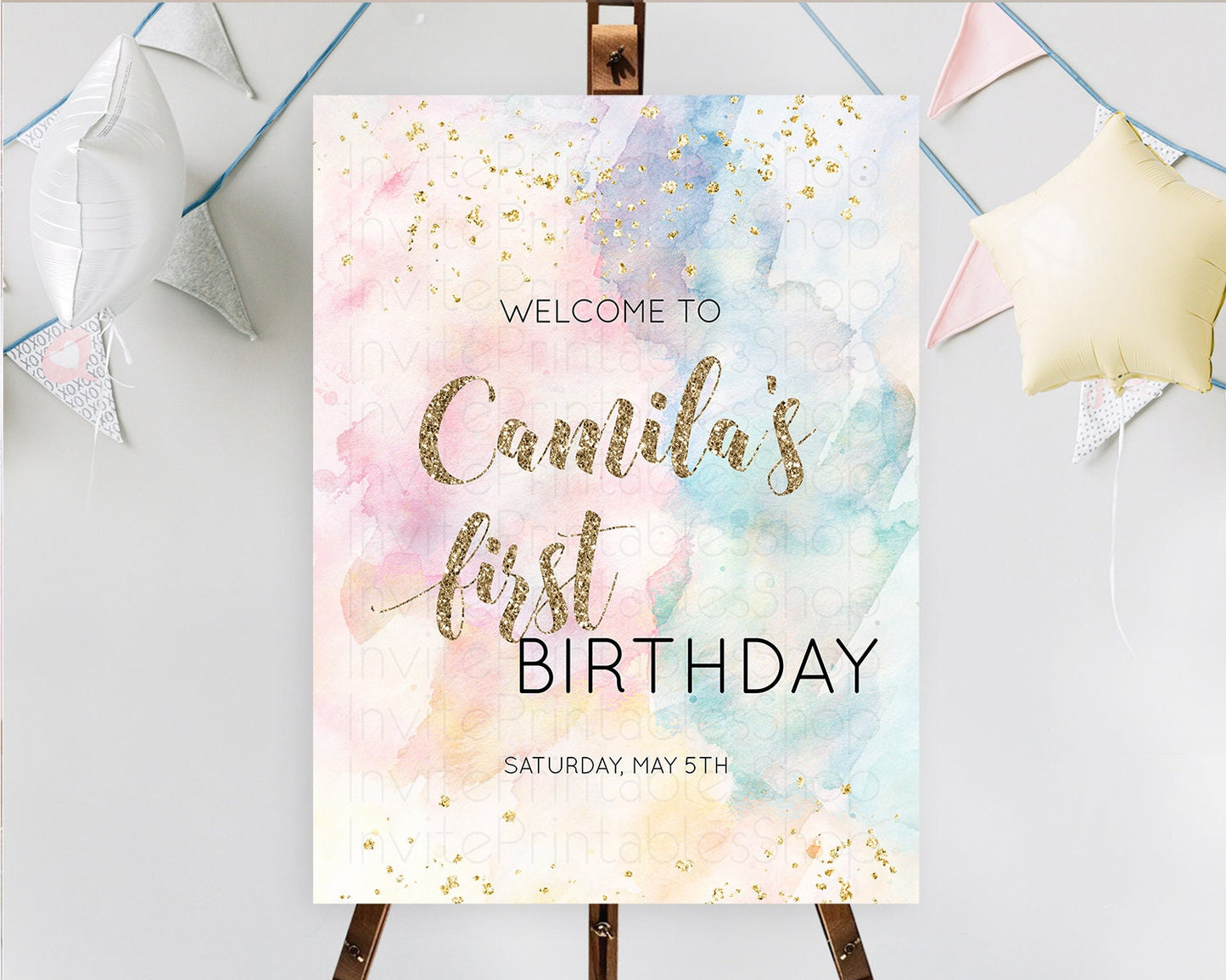 Pastel Welcome Sign Pastel Rainbow Welcome Sign Colorful Rainbow Confetti Watercolor Glitter Pastel First Birthday Welcome Sign D10264