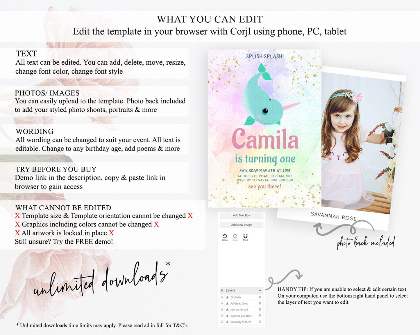 Narwhal Birthday Invitation Narwhal Unicorn Invitation Rainbow Sea Pastel Under Sea Unicorn Narwhal Party 3rd 2nd 1st First Birthday D10726