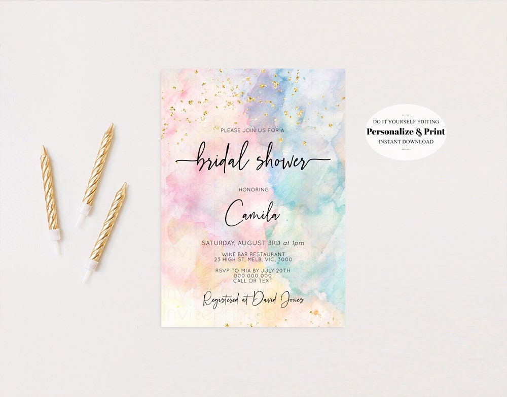 Pastel Bridal Shower Invitation Pastel Watercolor Bridal Shower Invite Rainbow Bridal Shower Invite Colorful Invite Gold Glitter Invite