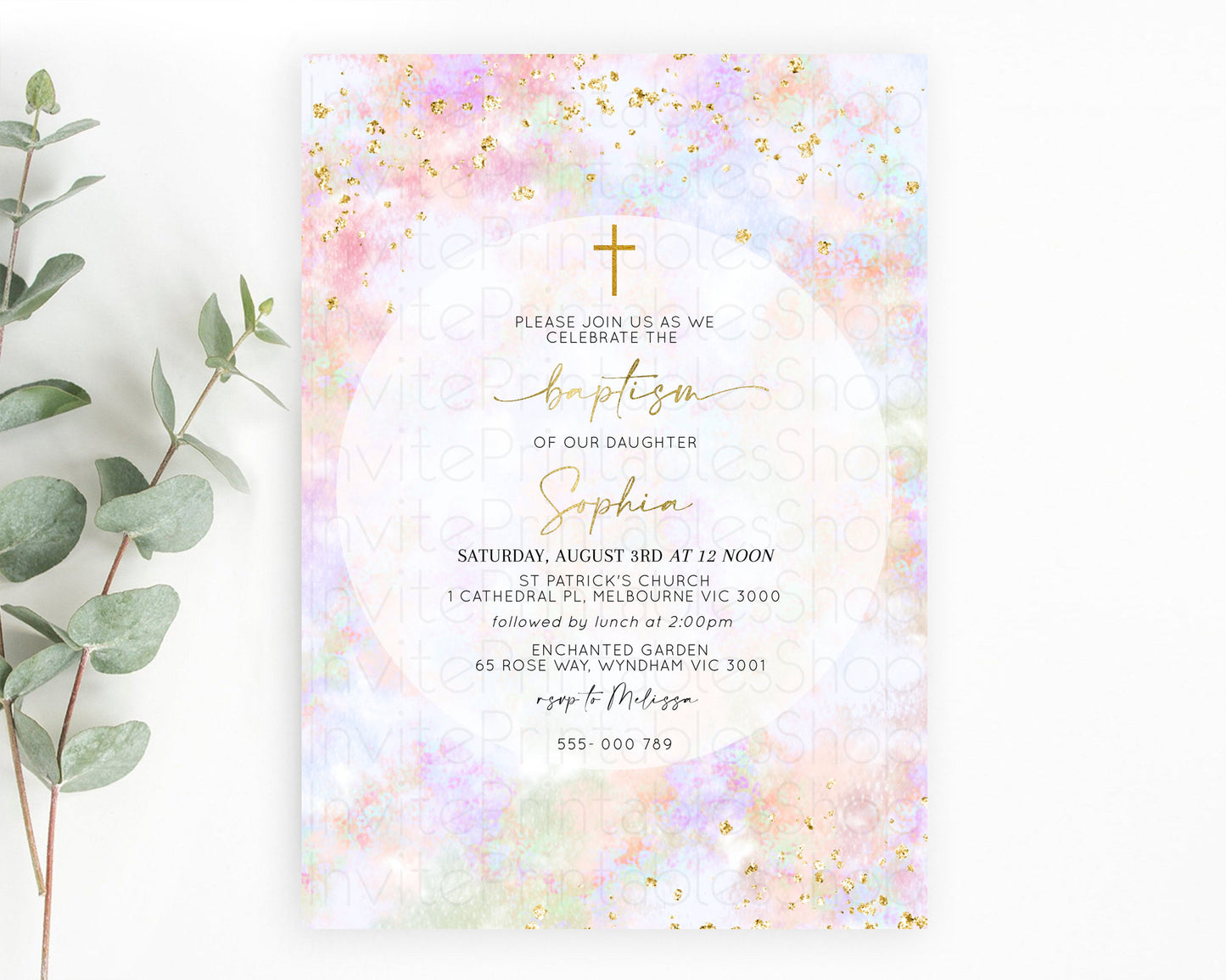 Pastel Baptism Invitation Pastel Colors Watercolor Baptism 1st Birthday Party Gold Ombre Pastel Rainbow Christening Holy Communion D10649