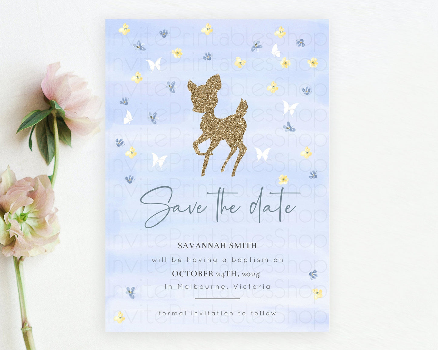 Fawn Deer Save The Date Template Pastel Floral Deer Enchanted Forest Butterfly Party 1st Birthday Baptism Baby Shower Bridal Shower D10863