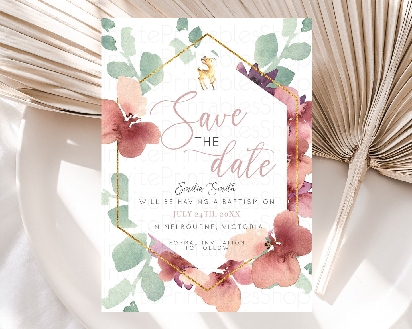 Fawn Deer Save The Date Template Pastel Floral Deer Enchanted Forest Butterfly Party 1st Birthday Baptism Baby Shower Bridal Shower D10915