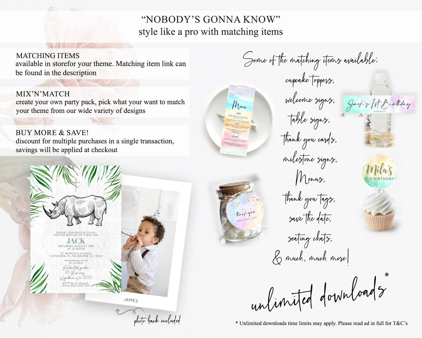 Rhino Baptism Invitation Rhino Baptism 1st Birthday Invitation Rhino Safari Adventure Christening Invitation Palm Leaf Invite Zoo D10848