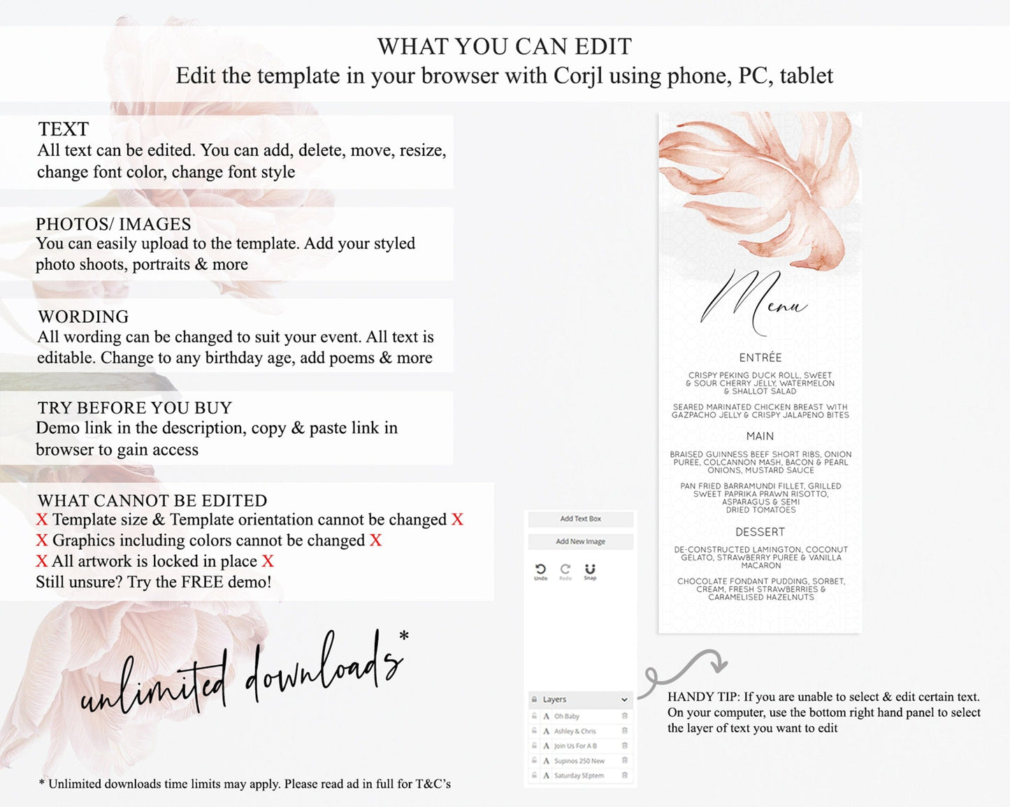Tropical Menu Template Tropical Menu Palm Leaf Fern Table Decor Frangipani Floral White Orchid Dinner Dessert Menu Party Food Menu D11044