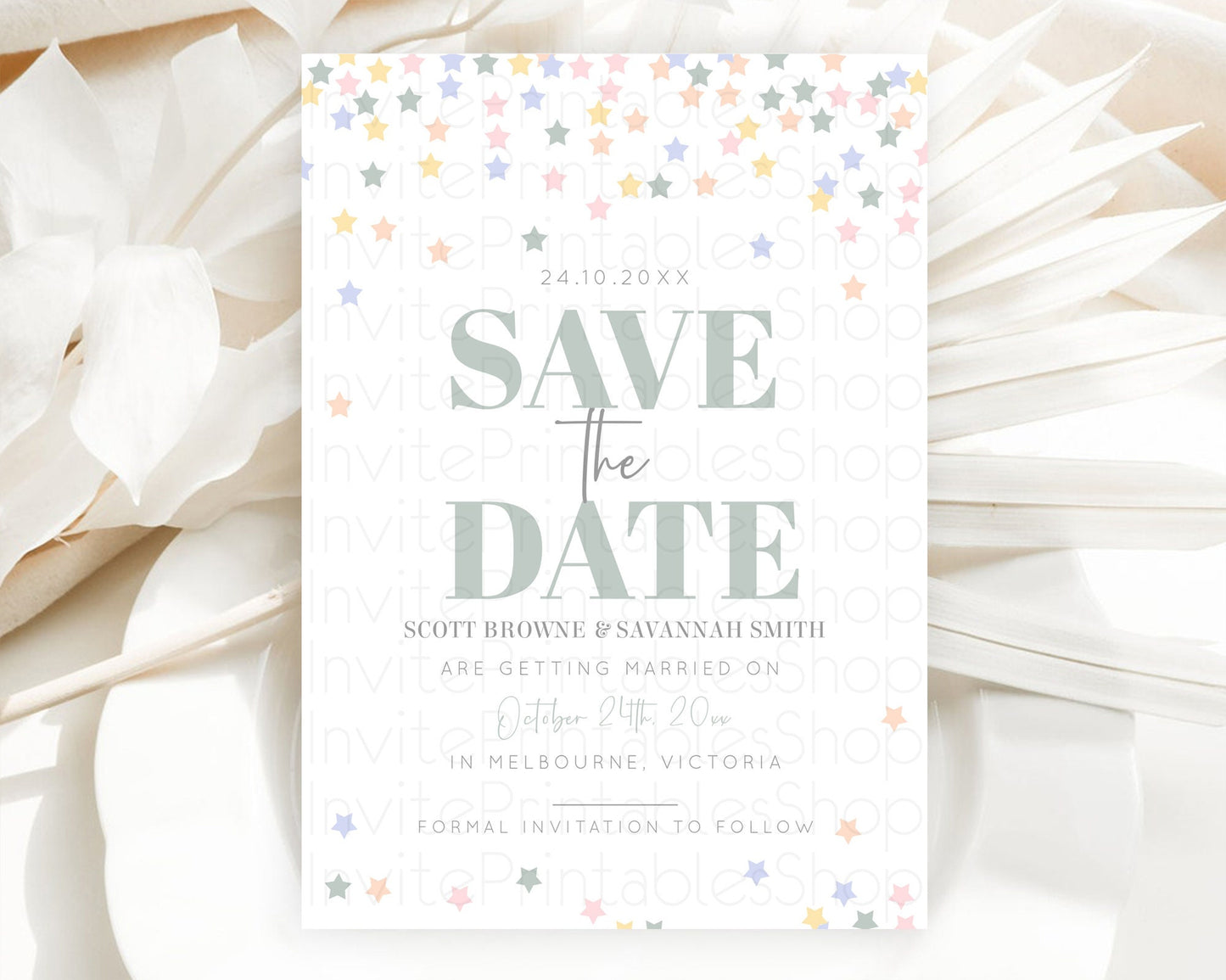 Twinkle Stars Save The Date Template Pastel Twinkle Little Star Party Shooting Star Confetti Sprinkles Birthday Baptism Baby Shower D10795