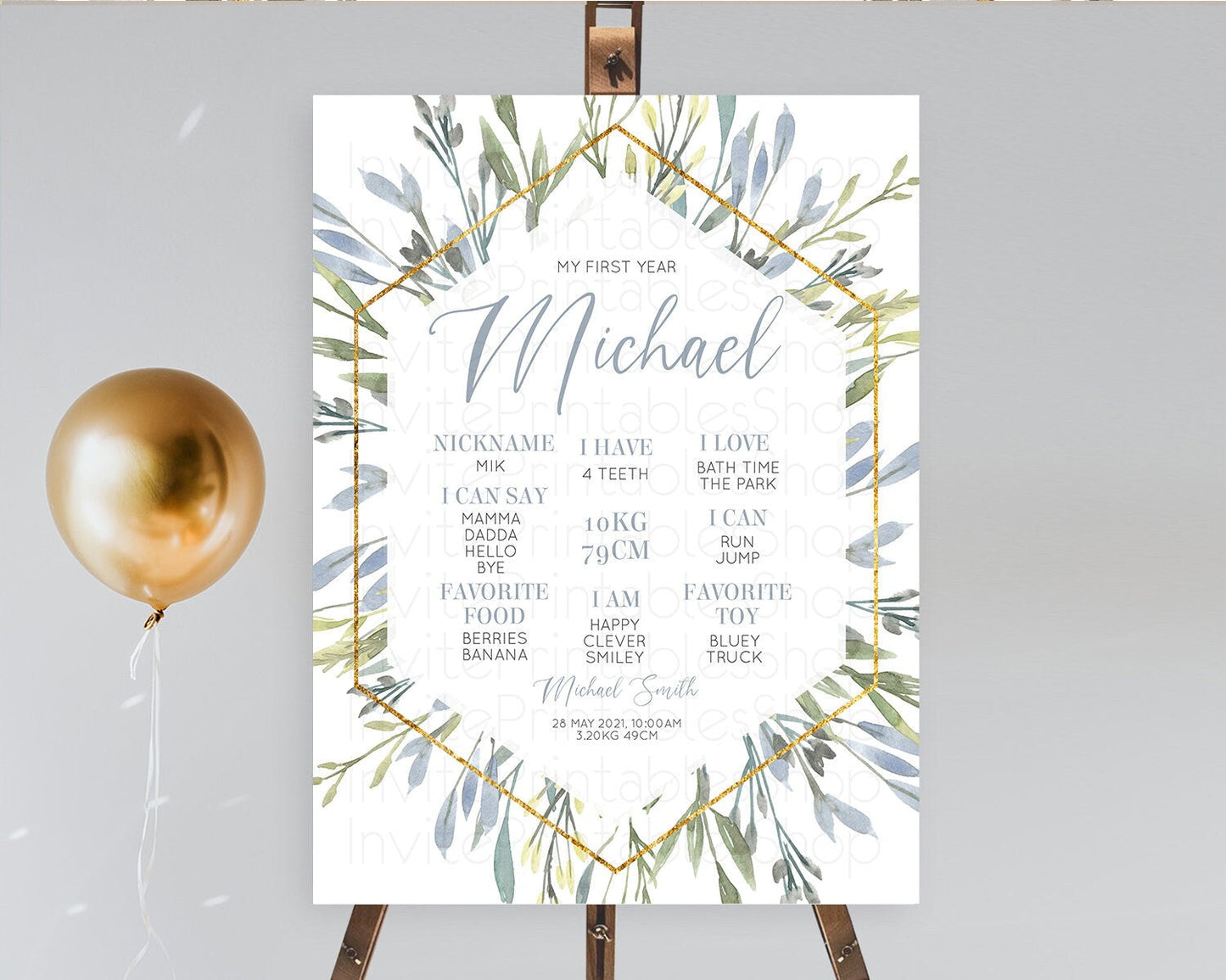 Leafy First Birthday Milestone Board Green Leaf Milestone Poster Greenery Eucalyptus Fern Spray Leaves Watercolor 1st Birthday Sign D10532