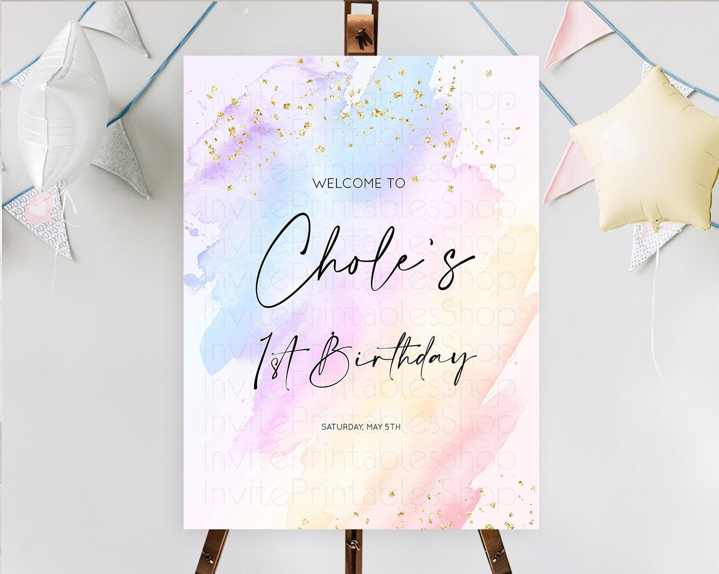 Pastel Welcome Sign Pastel Rainbow Welcome Sign Colorful Rainbow Confetti Watercolor Glitter Pastel First Birthday Welcome Sign D10635