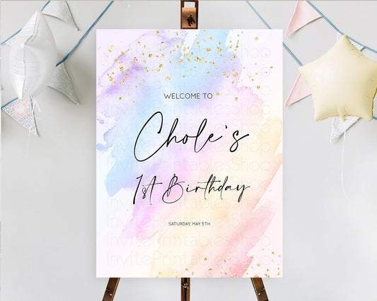 Pastel Welcome Sign Pastel Rainbow Welcome Sign Colorful Rainbow Confetti Watercolor Glitter Pastel First Birthday Welcome Sign D10635