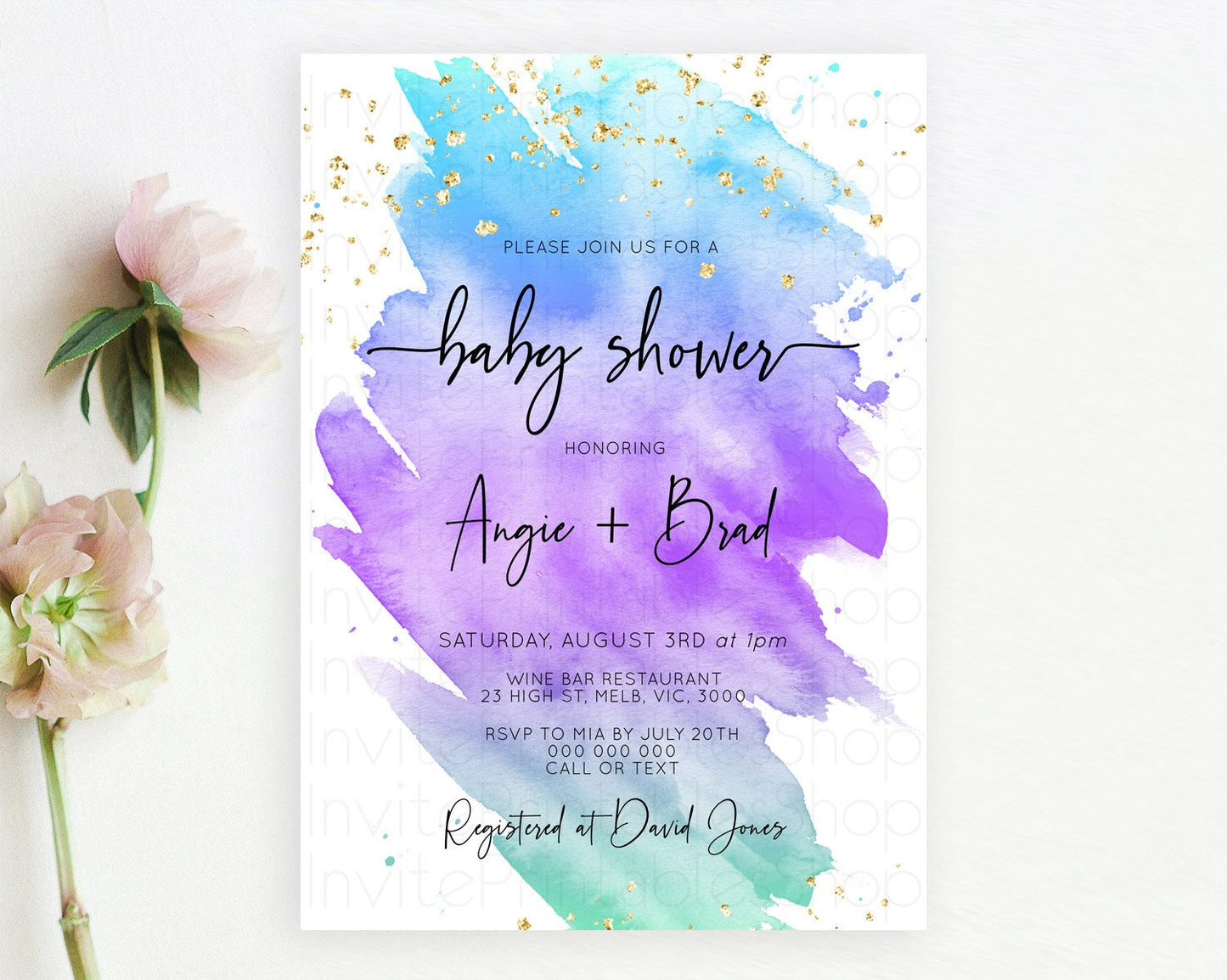 Pastel Baby Shower Invitation Rainbow Baby Shower Invitation Colorful Pastel Watercolor Invitation Gold Glitter Sprinkles Ombre D10491