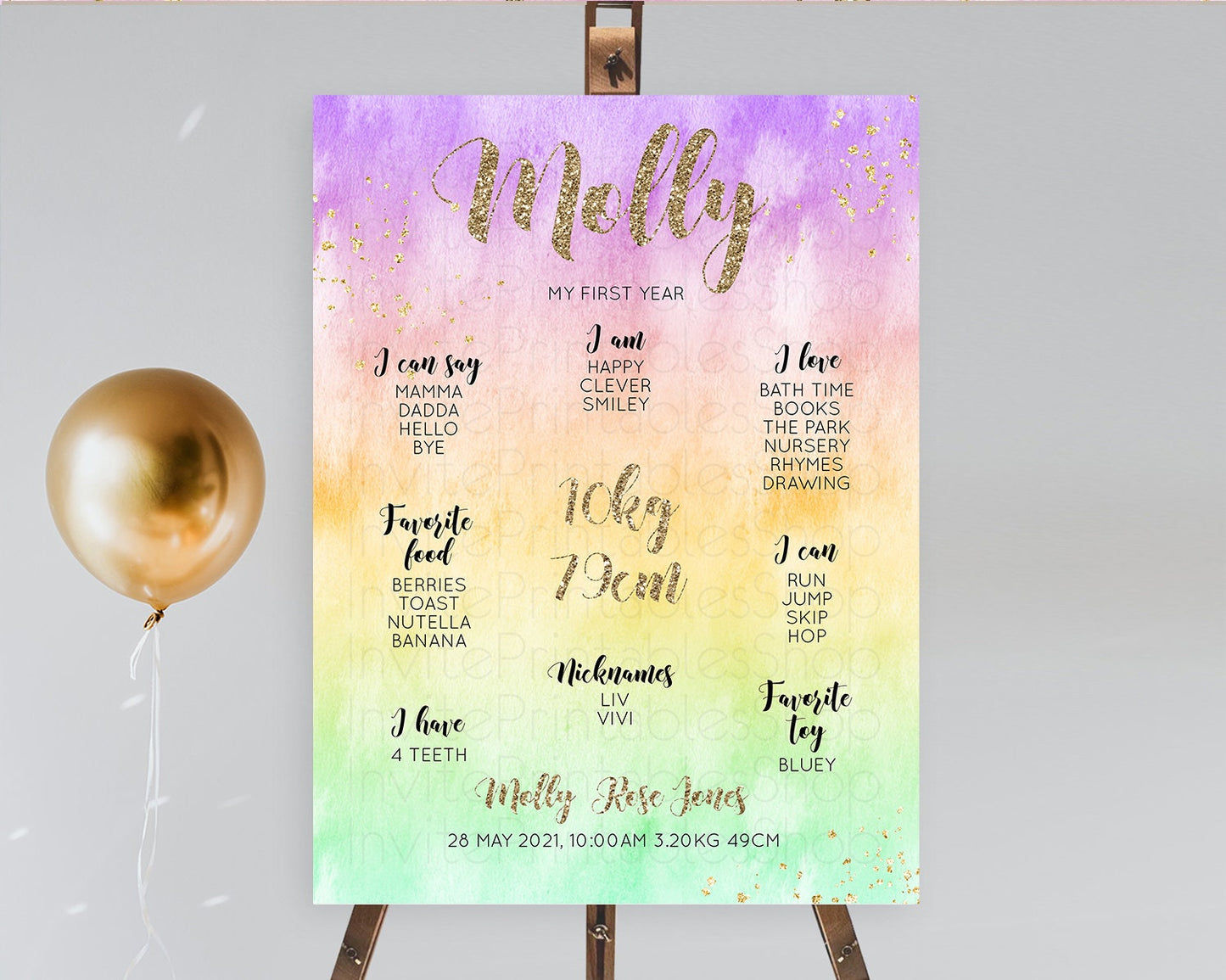 Pastel First Birthday Milestone Board Pastel Rainbow Milestone Poster Colorful Confetti Watercolor Glitter 1st Birthday Welcome Sign D10512
