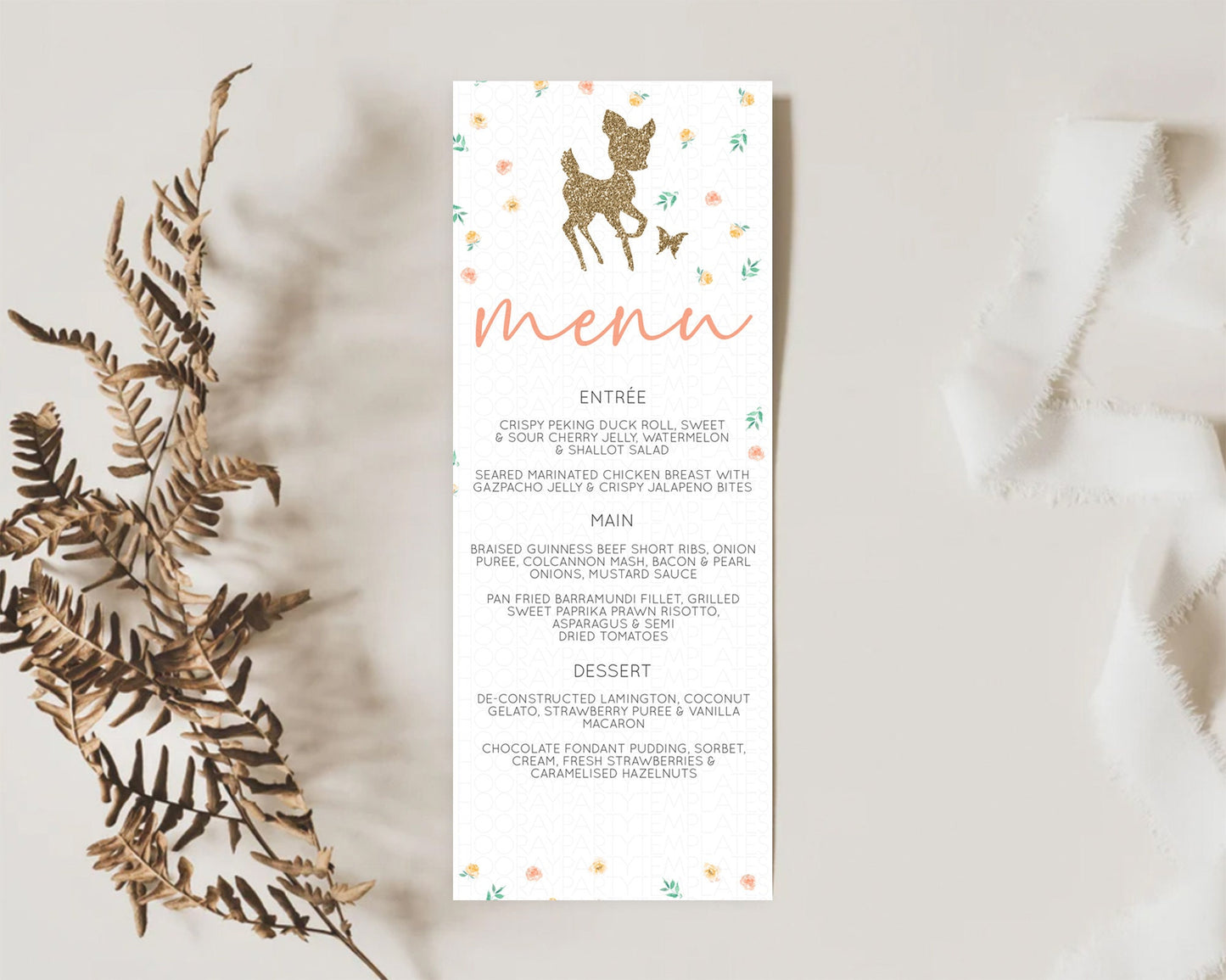 Fawn Menu Deer Menu Template Pastel Floral Deer Table Decor Enchanted Forest Butterfly Floral Dinner Dessert Menu Party Food Menu D10355