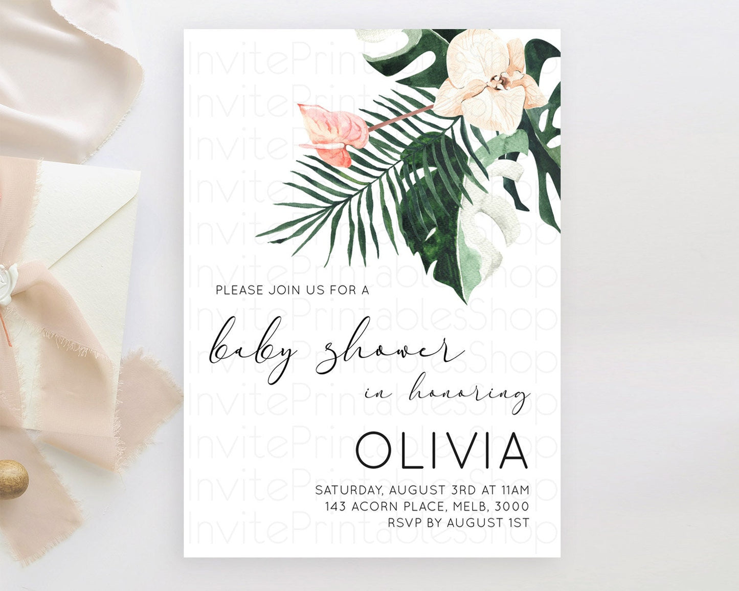 Tropical baby Shower Invitation Tropical Floral Baby Shower Invitation Palm Leaf Fern Invitation Frangipani White Orchid Invitation D11016