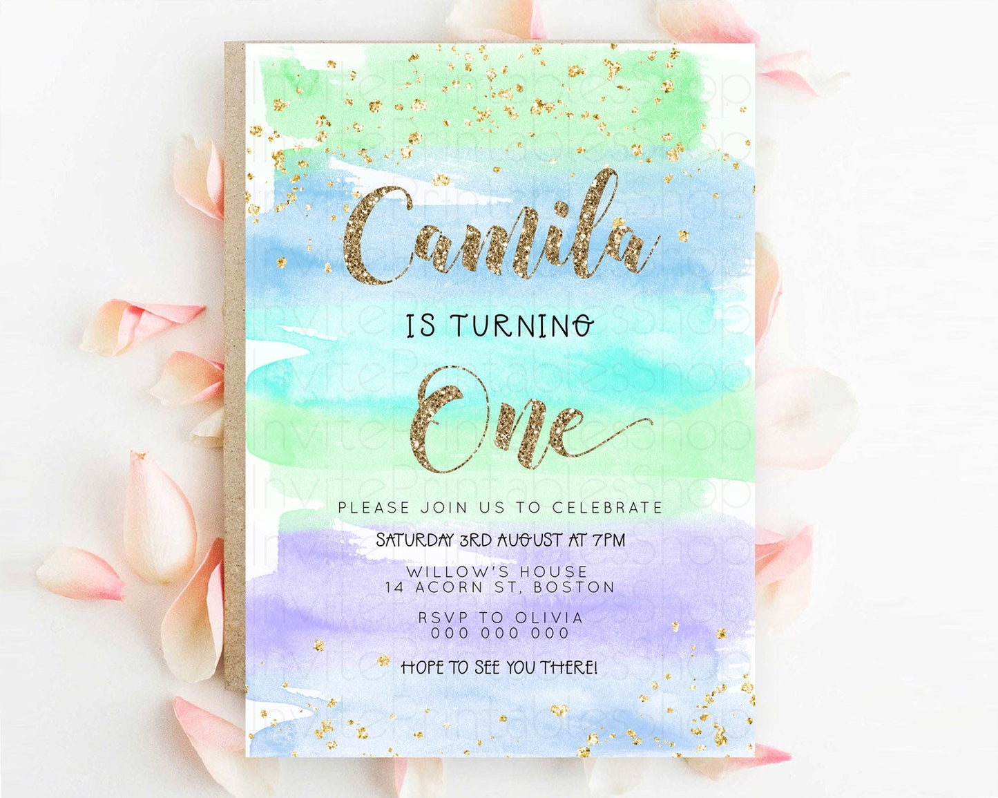 Rainbow Birthday Invitation Colorful Pastel Watercolor Invitation Gold Glitter Sprinkles Ombre Pastel 1st 2nd 3rd Birthday D23274