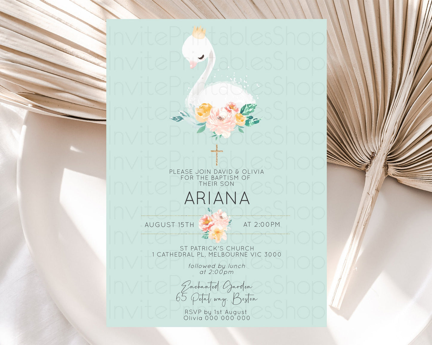 Swan Lake Baptism Invitation Swan Princess Ballet Baptism 1st Birthday Enchanted Forest Secret Garden Watercolour Pastel Floral D10905