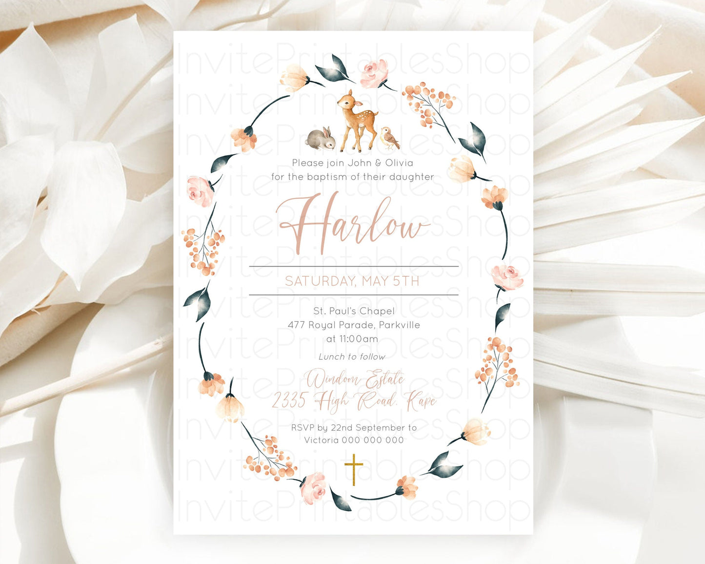 Fawn Baptism Invitation Deer Baptism 1st Birthday Invitation Enchanted Forest Christening Invitation Pastel Garden Butterfly Floral D10241