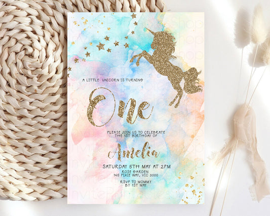 Unicorn Rainbow Birthday Invitation Pastel Birthday Invitation Magical Cloud Invite Colorful Watercolor Invite Glitter Sprinkle Invite u276