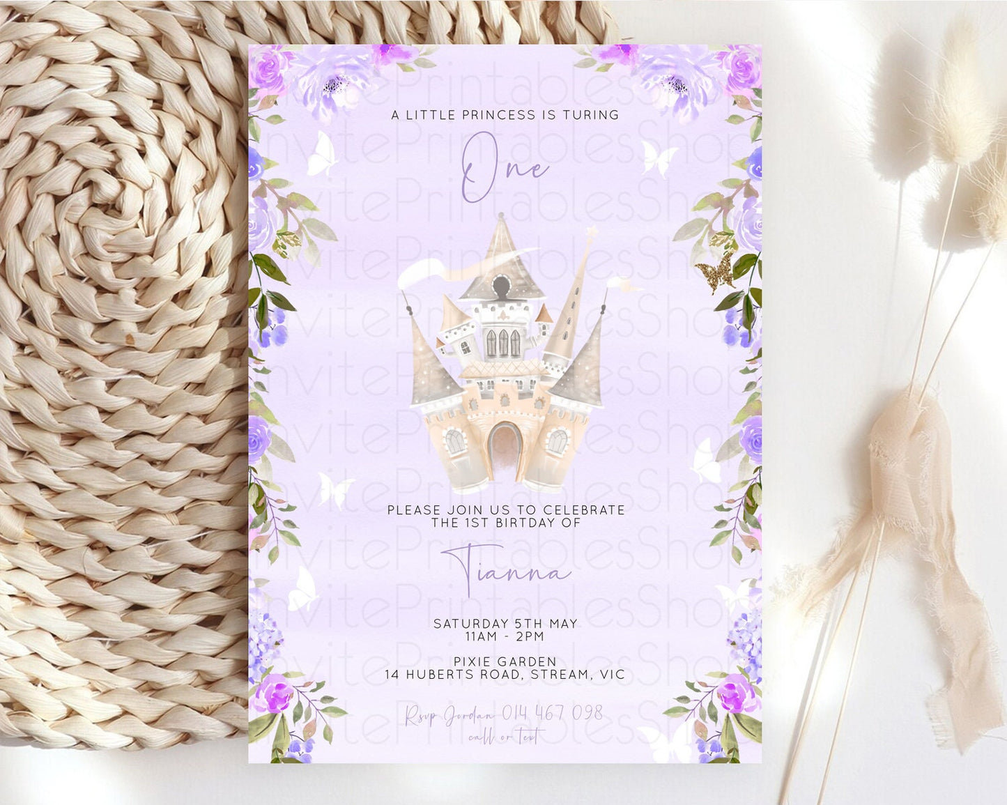 Princess Birthday Invitation Castle Invitation Royal Birthday Fairy Tale Enchanted Castle Pastel Floral Garden 1st First Birthday D10339