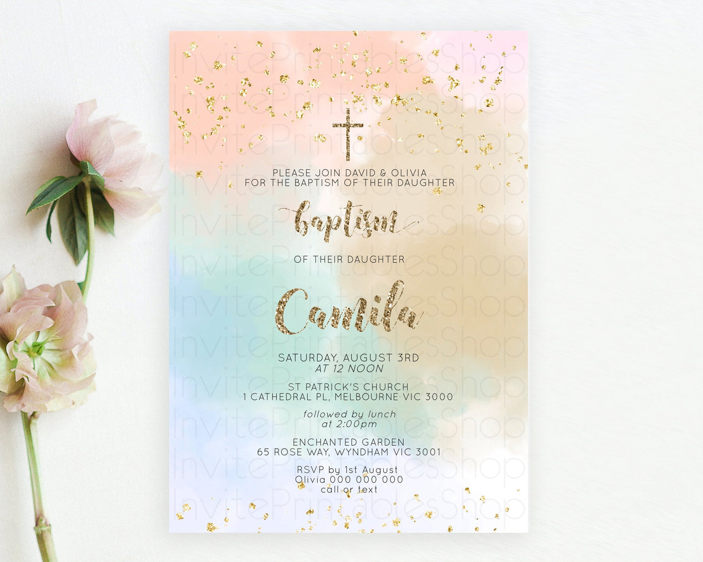 Pastel Baptism Invitation Pastel Colors Watercolor Baptism 1st Birthday Party Gold Ombre Pastel Rainbow Christening Holy Communion D10377