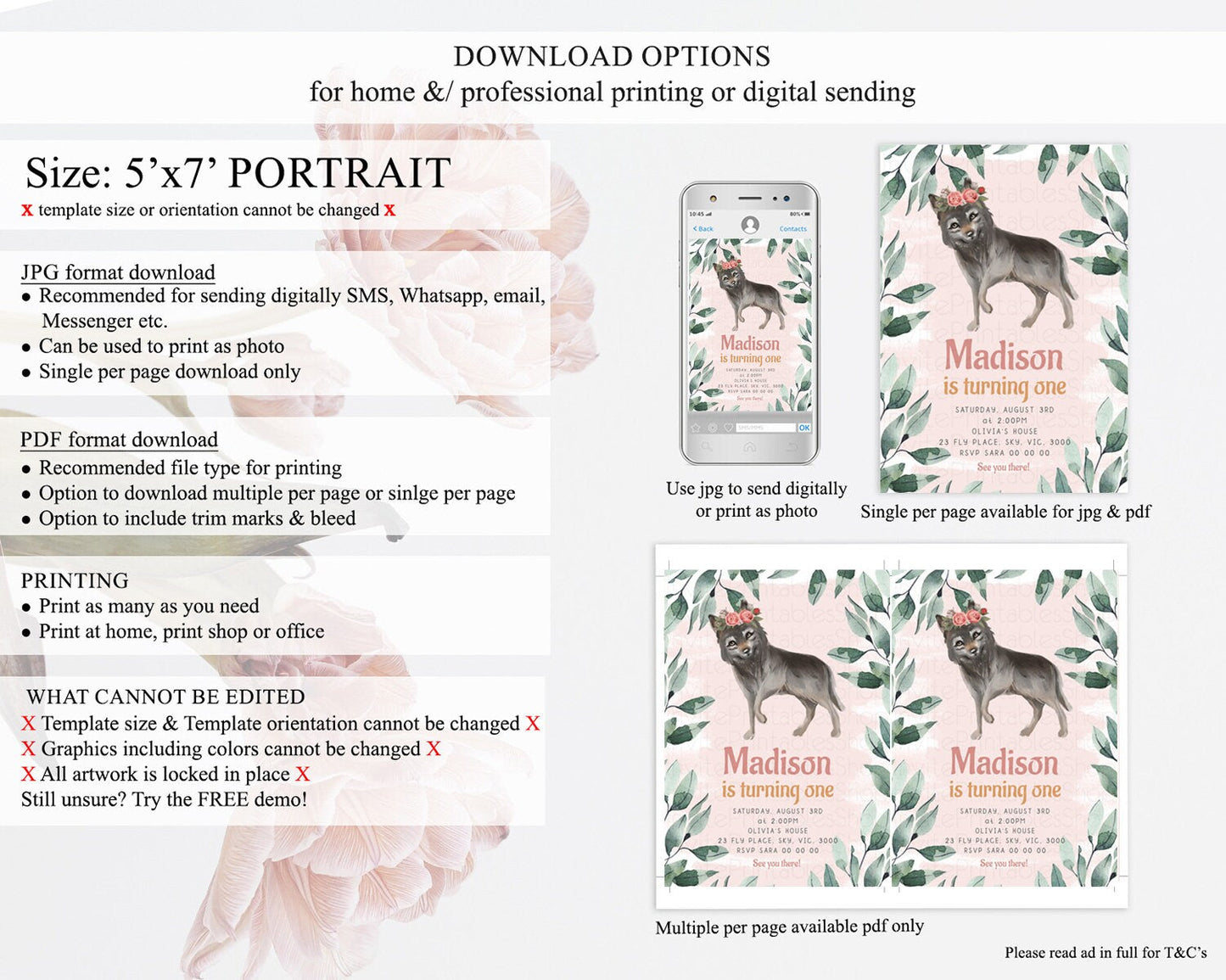 Wolf Birthday Invitation Wolf Invitation Pastel Wolf Birthday Enchanted Forest Woods Wolf Floral Invitation Howling Birthday Party D10535