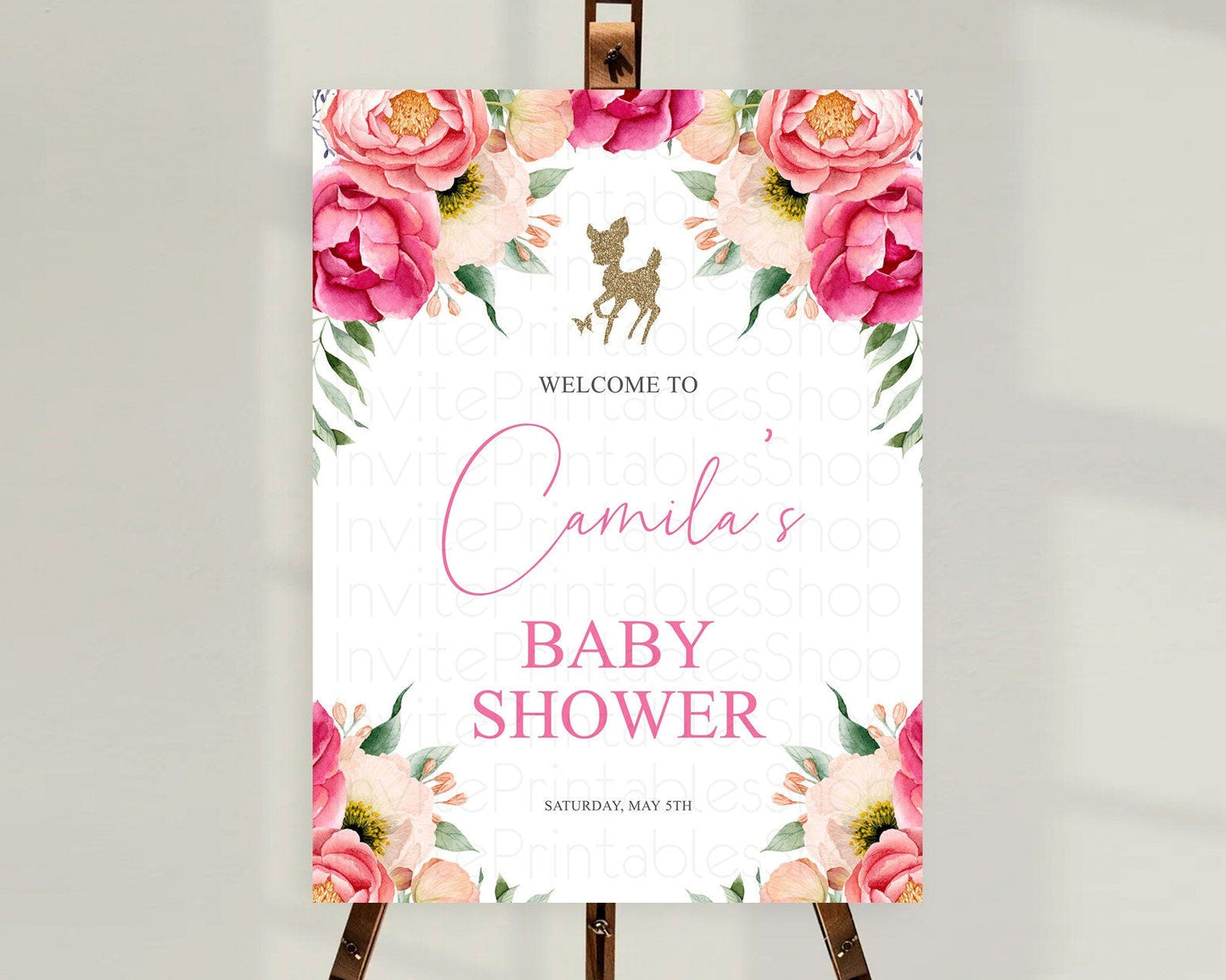Fawn Baby Shower Welcome Sign Deer Welcome Board Floral Deer Welcome Poster Enchanted Forest Butterfly Pastel Floral Welcome Sign D10326