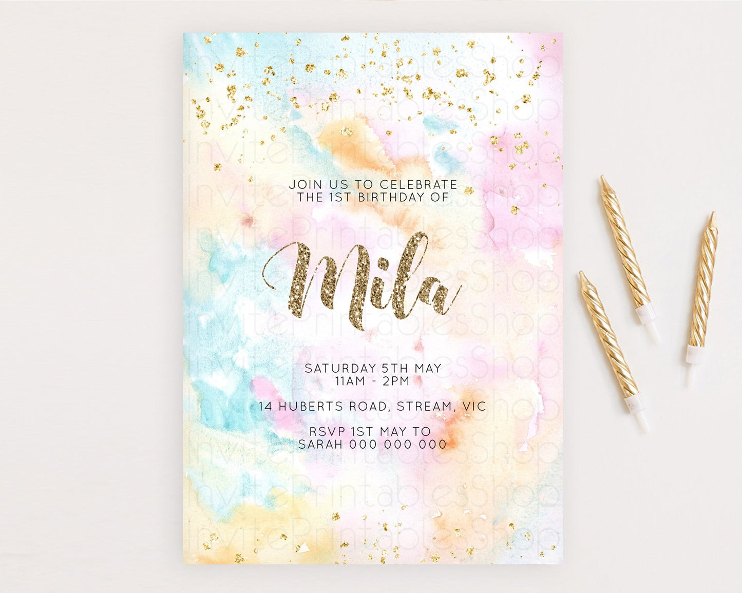 Rainbow Birthday Invitation Colorful Pastel Watercolor Invitation Gold Glitter Sprinkles Ombre Pastel 1st 2nd 3rd Birthday D10548