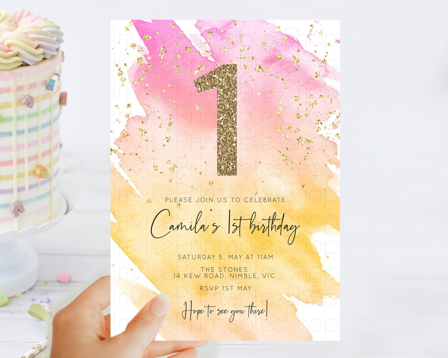 Rainbow Birthday Invitation Colorful Pastel Watercolor Invitation Gold Glitter Sprinkles Ombre Pastel 1st 2nd 3rd Birthday D10527