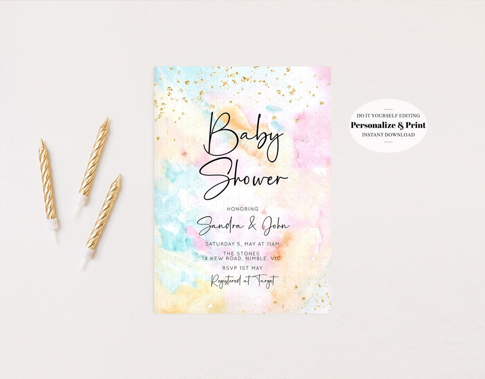 Rainbow Baby Shower Invitation Pastel Watercolor Invite Colorful Splash Invite Gold Sprinkle Invite Gold Glitter Invite Confetti Invite 566