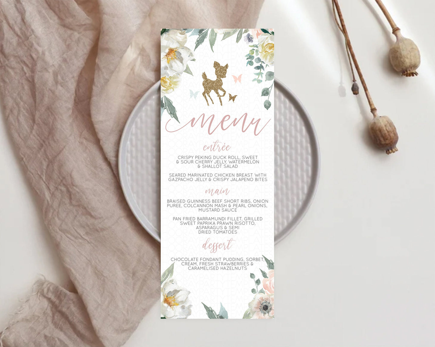 Fawn Menu Deer Menu Template Pastel Floral Deer Table Decor Enchanted Forest Butterfly Floral Dinner Dessert Menu Party Food Menu D10120