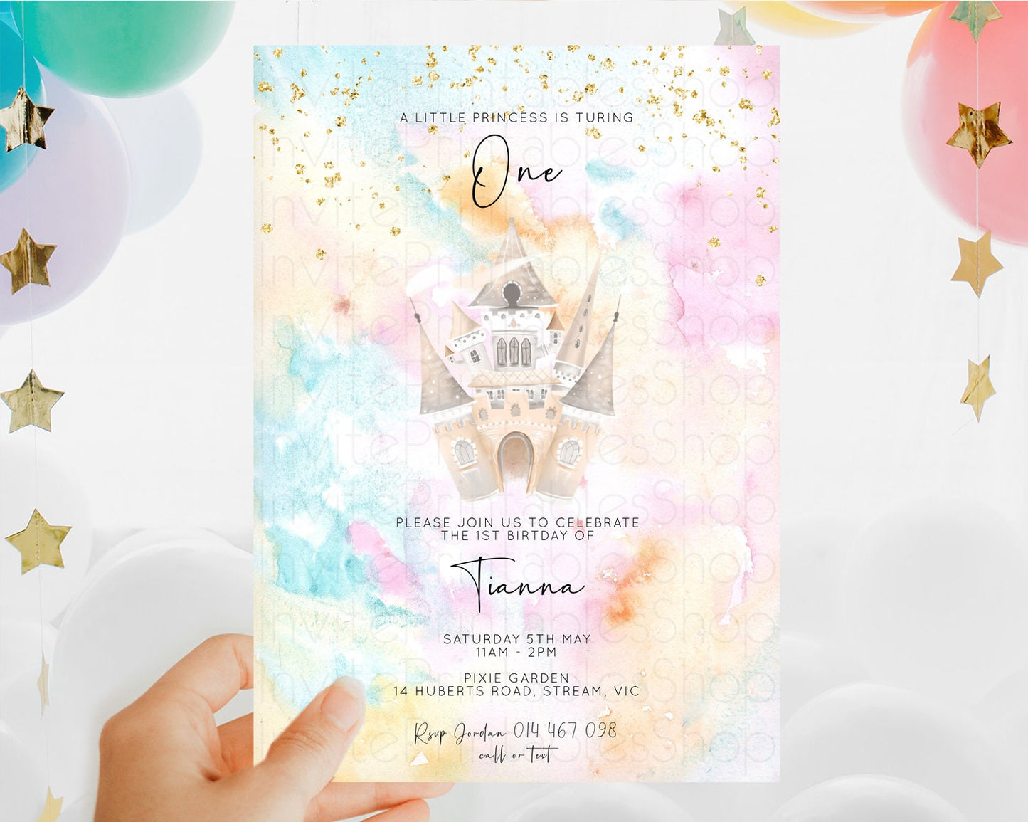 Princess Birthday Invitation Princess Invitation Pastel Invitation Royal Birthday Rainbow Color Enchanted Castle 1st First Birthday D11029