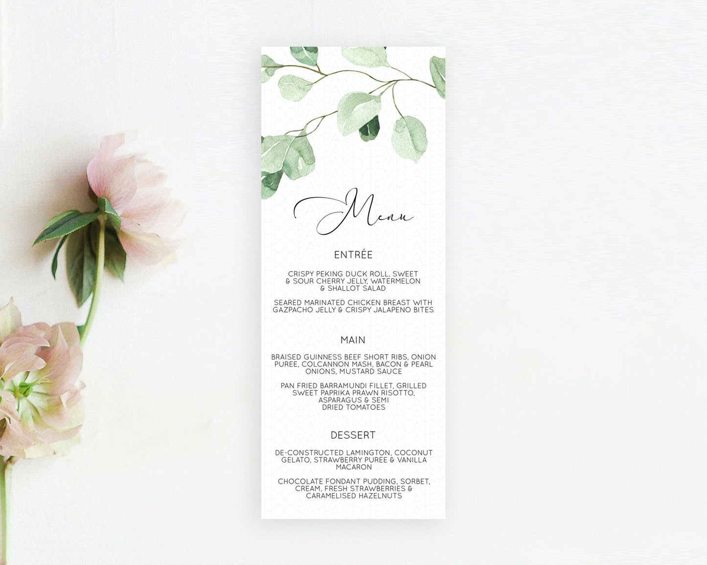 Leafy Menu Green Leaf Menu Template Eucalyptus Fern Leaves Decor Watercolor Boho Garden Leaf Branch Dinner Dessert Party Food Menu D11054