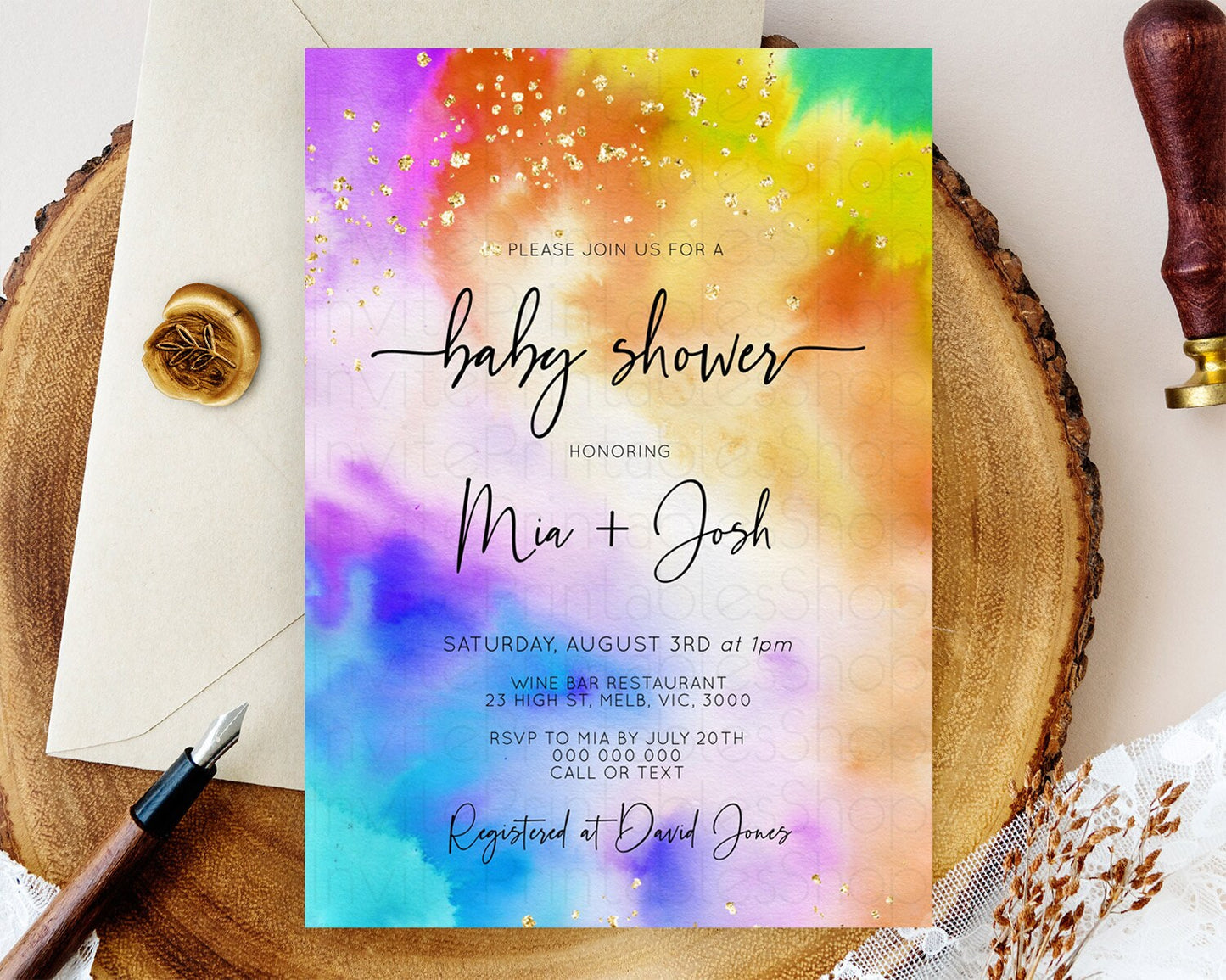 Pastel Baby Shower Invitation Rainbow Baby Shower Invitation Colorful Pastel Watercolor Invitation Gold Glitter Sprinkles Ombre D10530