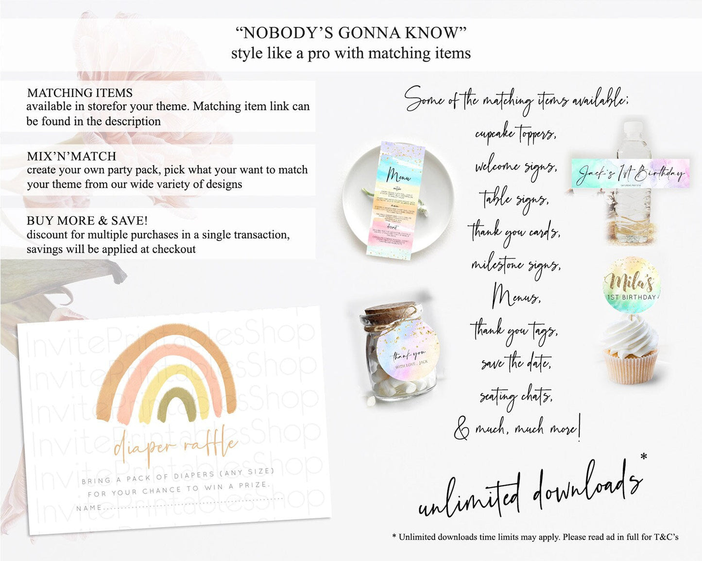Pastel Rainbow Diaper Raffle Card Boho Rainbow Diaper Insert Boho Rainbow Diaper Ticket Pastel Watercolor Baby Shower Raffle Game D10684