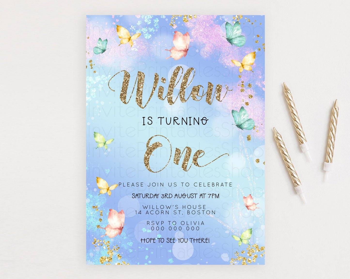 Pastel Butterfly Birthday Invitation Butterfly Birthday Invitation Colorful Splash Glitter Butterfly Garden 1st 2nd Birthday D23088