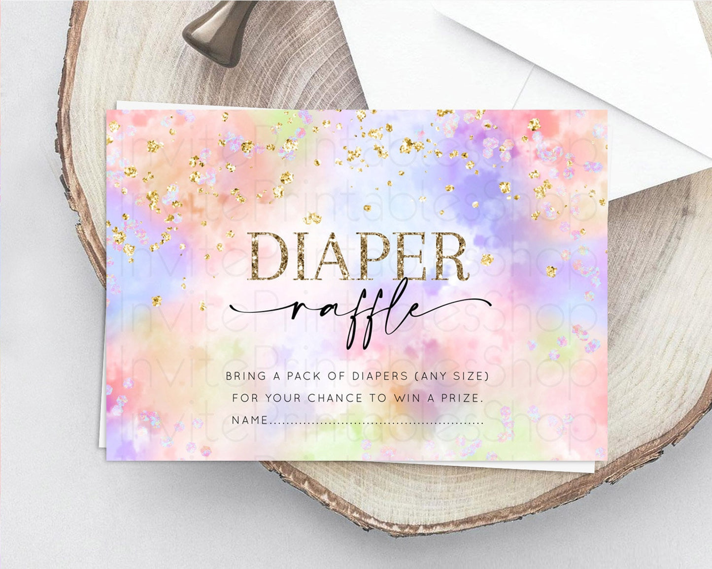 Pastel Diaper Raffle Card Pastel Rainbow Diaper Raffle Insert Colorful Ombre Watercolor Diaper Ticket Confetti Glitter Raffle Game D10610